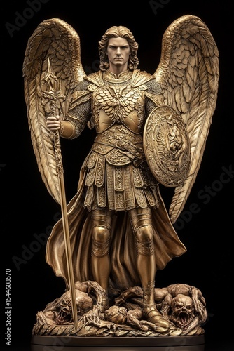 Statue, Archangel Michael, golden armor, wings, vanquished demons, black background