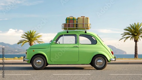 small green cartoon car parked under palm trees