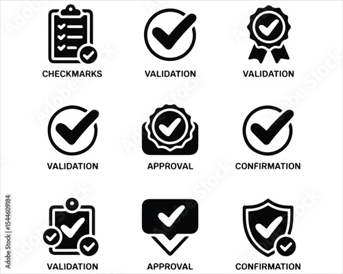 Checkmark & Approval Icon Set – Black Silhouette Vector for Validation, Certification & UI Design

