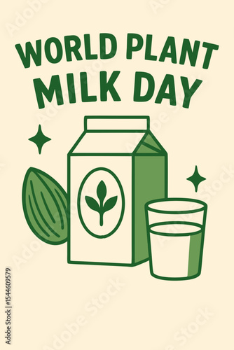 Illustration of World Plant Milk Day with almond and a glass of plant milk