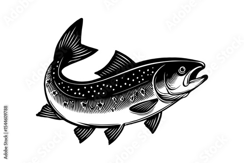 Black and white stylized drawing of a trout fish with scales and fins, in engraving style, isolated on white background, concept of fishing icon