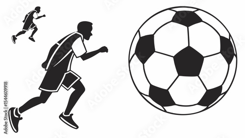 Dynamic silhouette of a soccer player dribbling a football with a ball isolated on white, perfect for sport and game-related illustration