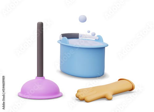 Realistic plunger, plastic bucket with soap foam, rubber glove. Set of color elements for manual wet cleaning. Classic tool for cleaning clogged sewer pipes
