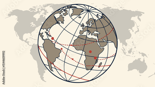 A global business concept featuring a 3D Earth map sphere illustrating international communication networks across continents