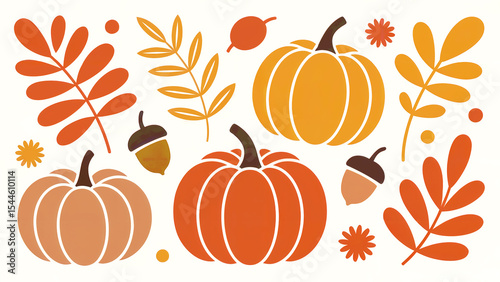 Autumn harvest pumpkins leaves and acorns