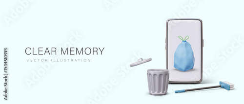 Concept of cleaning phone memory. 3D smartphone with garbage bag on screen, sweeping brush, metal dustbin. Advertisement for gadget application. Delete information