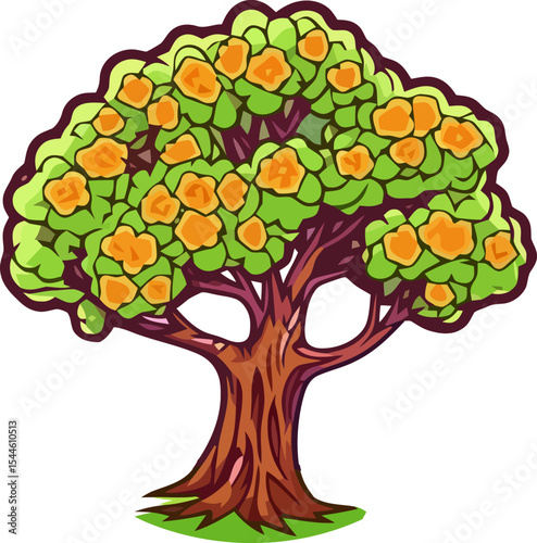 Vibrant Orchard: A delightful illustration showcasing a lush, fruit-laden tree. Its sturdy trunk supports a canopy of vibrant green leaves and a bounty of ripe, juicy fruits.