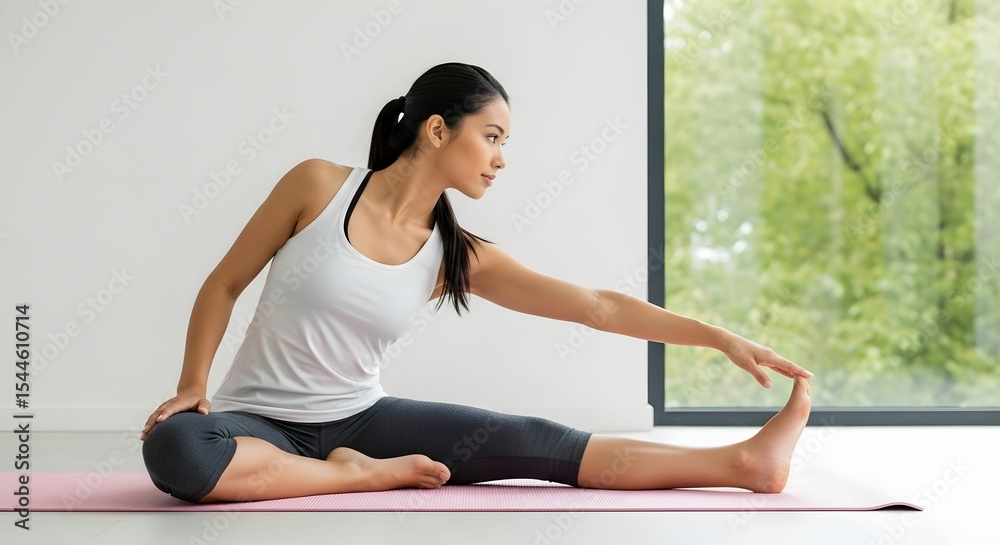 Fototapeta premium Woman Stretching on Pink Yoga Mat in Front of Large Window with Lush Greenery, Wearing White Tank Top and Gray Capri Leggings