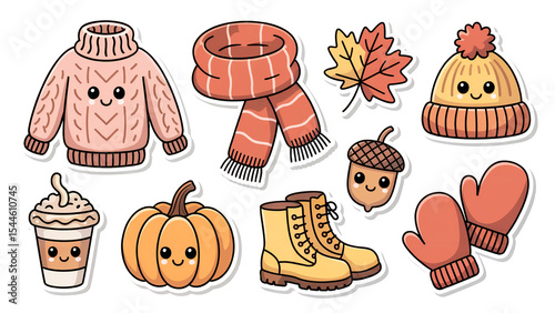 Adorable autumn and winter kawaii stickers