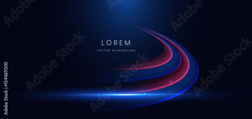 Abstract futuristic glowing neon blue and red curved. Hi-speed motion moving concept on dark blue background.