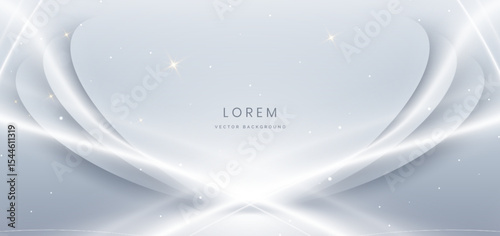 Luxury grey and white curved lines background with golden line and lighting effect sparkle.