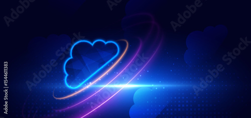 Cloud glowing futuristic technology connected digital servers on dark blue background.