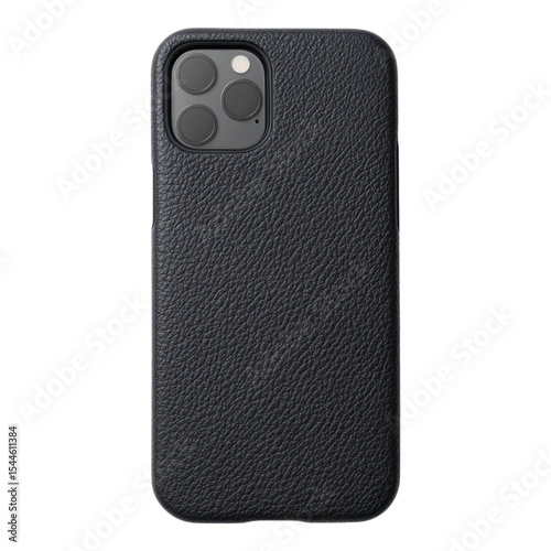 Isolated Black Leather Phone Case on Transparent Background