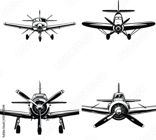 Set of retro helicopters, and airplanes flying in the sky, aviation vector illustrations, transport silhouette