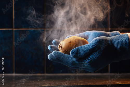 Hot potato - Potato held in gloved hands steaming against dark background