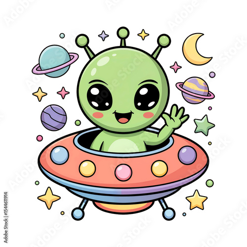 Adorable alien in flying saucer space cartoon