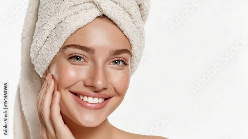 A beautiful woman with a wrap towel on her head, gently touching her face