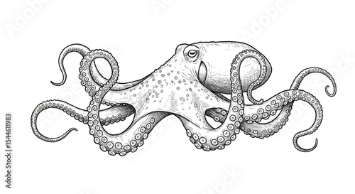 Detailed pen-and-ink drawing of an octopus, showcasing its eight arms and textured skin.