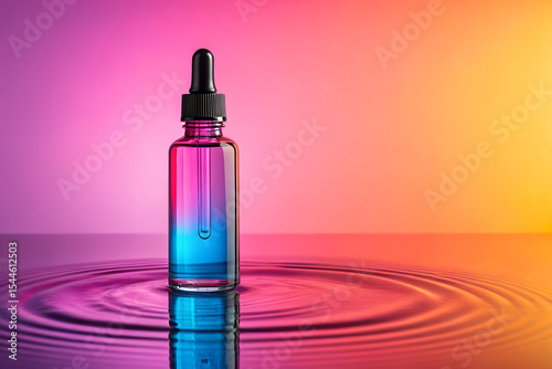 A cosmetic dropper bottle with a two-phase serum stands in water, creating ripples against a vibrant pink and orange gradient background generative ai
