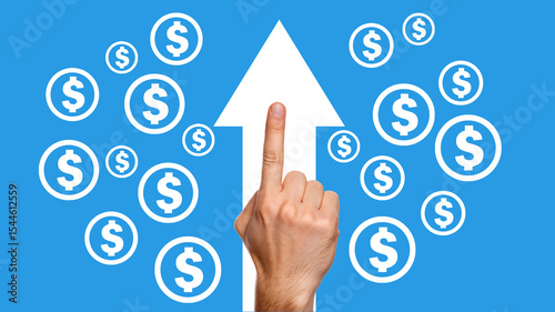 Salary growth success hand gesture upward arrow and dollar symbol, Finance achievement upward trend, Assessment salary increase concept, Positive economic growth with finger pointing