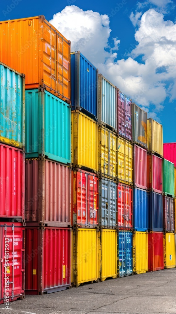 Fototapeta premium Colorful shipping containers stacked high at port under a partly cloudy sky