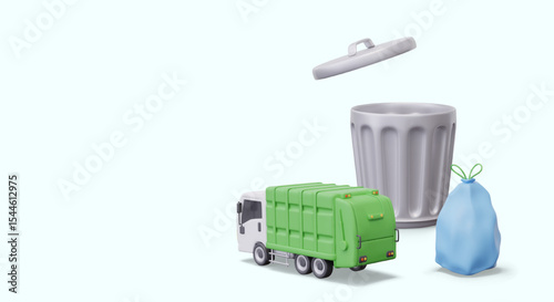Realistic garbage truck, metal container, tied garbage bag. Vector composition on colored background. Municipal transport. Place for text, offer, service price