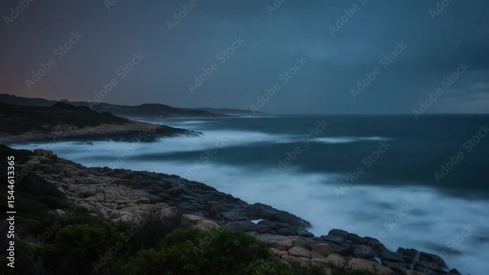 Dramatic coastal storm video: Lightning strikes over rocky shoreline with blurred wave motion Dramatic coastal storm video: Lightning strikes over rocky shoreline with blurred wave motion
