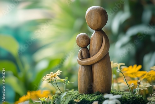 Wooden statue of mother and child on a floral with Copy space background. Love and Protection Concept. 