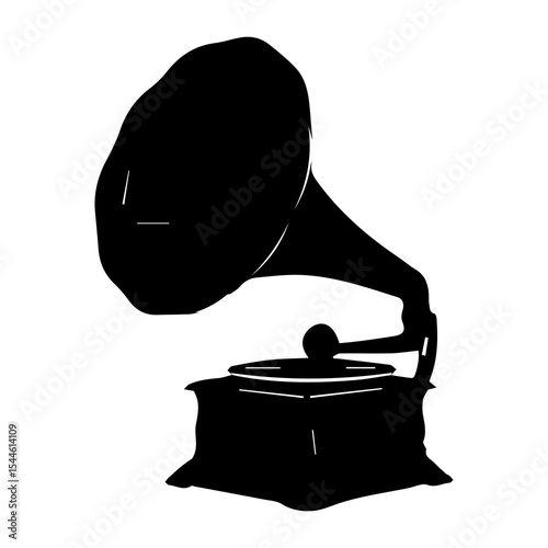 Vintage Gramophone Silhouette Isolated on White Background – Retro Music Player Icon for Audio Design, Antique Themes, Music Branding, Posters, and Decorative Graphics

