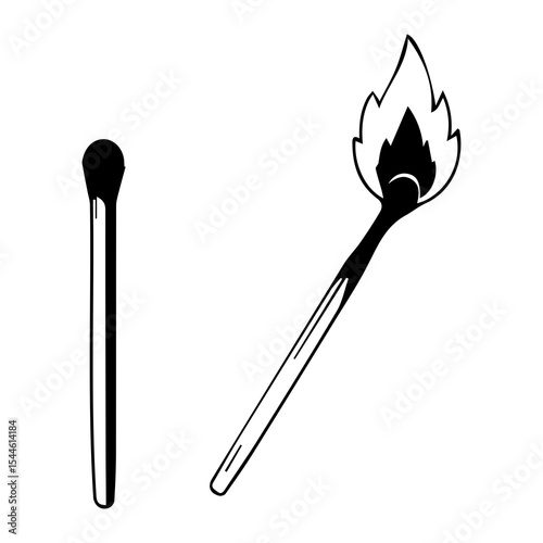 Silhouette of a burning matchstick with visible flame, isolated on white background, perfect for fire safety, ignition concept, survival themes, symbolic visuals, or minimal art

