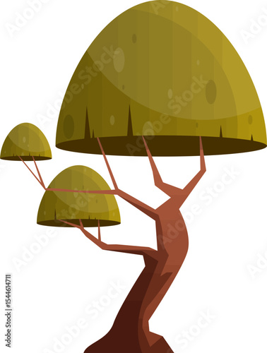 Cartoon Tree Illustration: A whimsical cartoon tree with a unique, dome-shaped canopy and whimsical branches. This playful illustration is perfect for children's books, games, and websites. 
