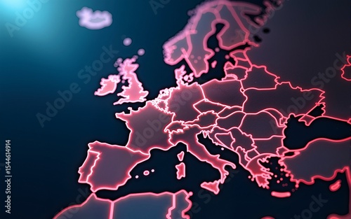 Europe map with red and blue lines connecting cities, illustrating data flow and digital connectivity between European locations. High quality