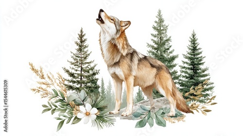 Watercolor painting portrays a gray wolf howling at the moonlit sky surrounded by pine trees and foliage in a serene natural landscape scene.