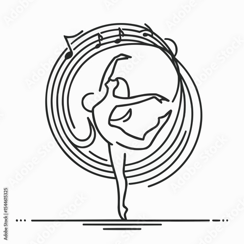 Graceful dancer outline with musical notes and swirling lines in minimalist design