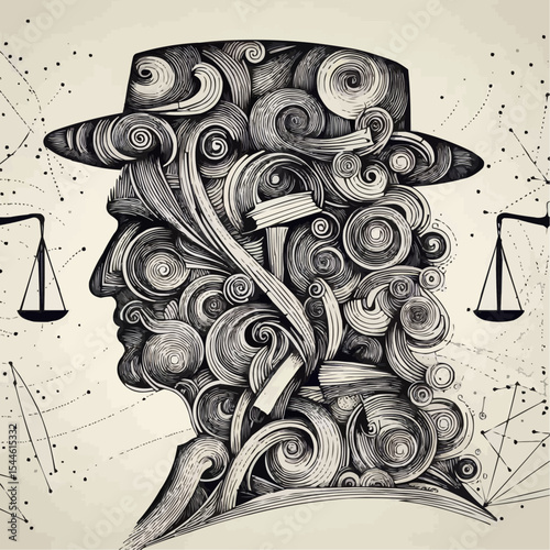 Intricate artistic portrait with swirling patterns and scales symbolizing justice
