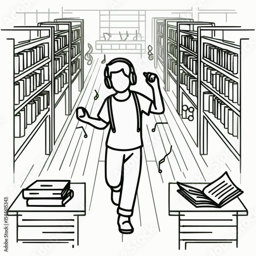 Playful illustration of a young person listening to music while walking in a library
