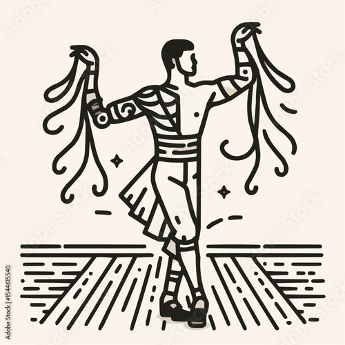 Stylized dancer performing with ribbons in artistic illustration
