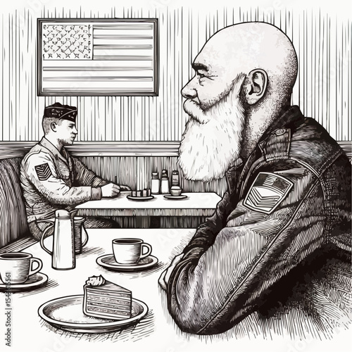 Veteran soldier and younger serviceman having coffee in diner with American flag