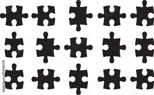 Fifteen black puzzle pieces on white background