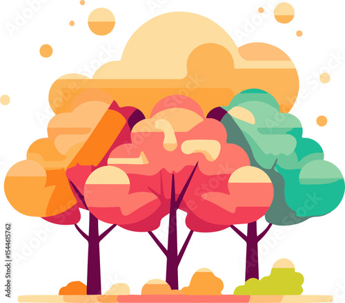 The Colorful Trees in Illustration: Illustration of vibrant, stylized trees in an autumnal scene, the artistic representation captures the changing seasons in a visual feast.