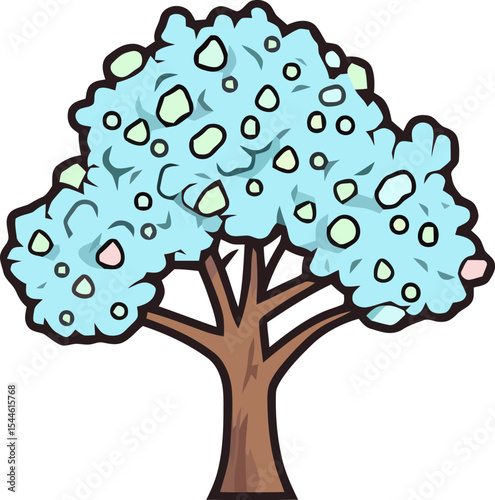 Cartoon Tree with Sky Blue Foliage: A stylized cartoon tree features fluffy sky-blue foliage, with soft texture, offering a cheerful and whimsical depiction of nature.