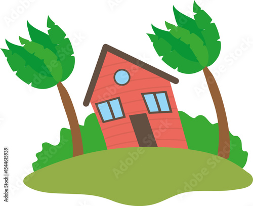 Stormy House: A whimsical illustration capturing a house weathering a fierce storm, windswept trees bending against the gusts. Evoking a sense of resilience amidst nature's power. 