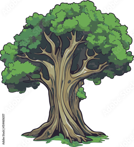 Vibrant Tree of Life: A detailed illustration depicts a robust tree with a thick trunk and dense foliage, symbolizing growth, strength, and the interconnectedness of life.