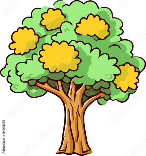 Fruitful Fantasy: A vibrant cartoon illustration of a flourishing tree bearing luscious fruits, radiating life and abundance with its cheerful colors and playful design.