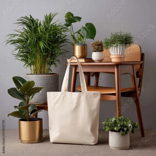 Eco-friendly white tote bag mockup displayed amidst potted plants on a soft surface for a natural, high-fidelity product presentation scene.
