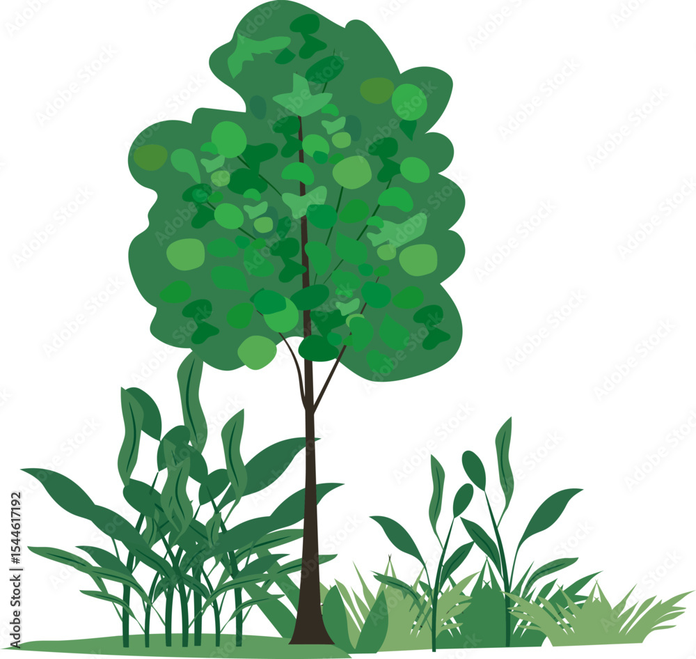 Fototapeta premium Green Tree and Grass: This picture illustrates a green tree and green grass with vibrant green leaves. This artwork is perfect to evoke the peaceful and natural vibes. 