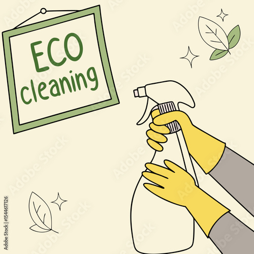 Hands wearing protective rubber gloves and holding spray bottle with eco cleaning detergent. Organic natural ecological cleaners. Green housework stuff, zero waste life. Eco cleaning lettering sign.
