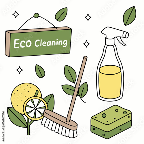 Hands wearing protective rubber gloves and holding spray bottle with eco cleaning detergent. Organic natural ecological cleaners. Green housework stuff, zero waste life. Eco cleaning lettering sign.