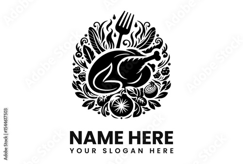 A stylized black and white logo featuring a roasted chicken surrounded by food elements.