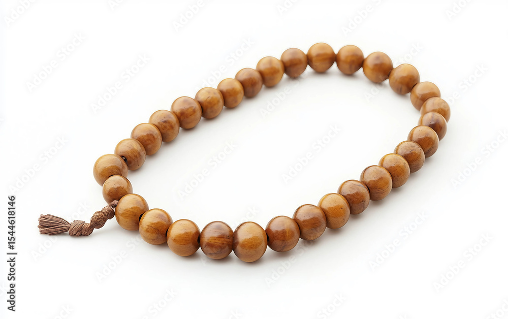 A set of wooden Islamic prayer beads with silver accents and a tassel Isolated on white Background A set of wooden Islamic prayer beads with silver accents and a tassel Isolated on white Background